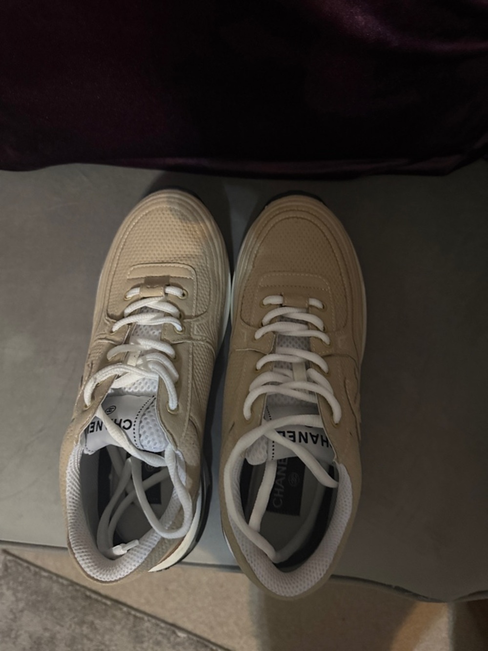 CHANEL Beige and White Low-Top Logo Sneakers